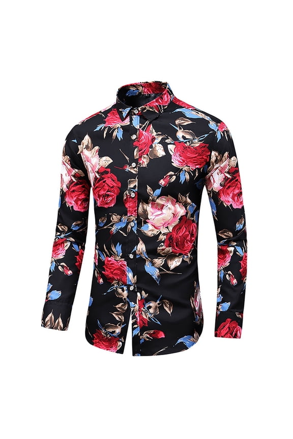 Clearance Men Floral Dress Shirts Long Sleeve Casual Button Down Flower Printed Shirts