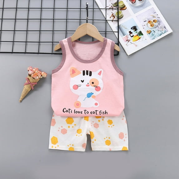 Fengyings Toddler Baby Boy Girl Outfits Summer Clothes Set Cotton Sleeveless T-shirt Tops Shirt Short Outfit Set