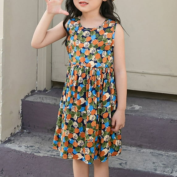 Fengyings Toddler Girls Cotton Dress Sleeveless Casual Summer Sundress Flower Printed Jumper Skirt