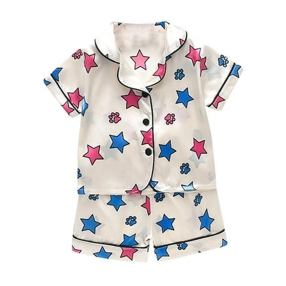 Fengyings Toddler Kids Boys Girls Summer Pajamas Set Cute Printed Button-up Silk Short Sleeve Top   Shorts Sleepwear Nightwear Loungewear Clothes Suit Gifts for Kids