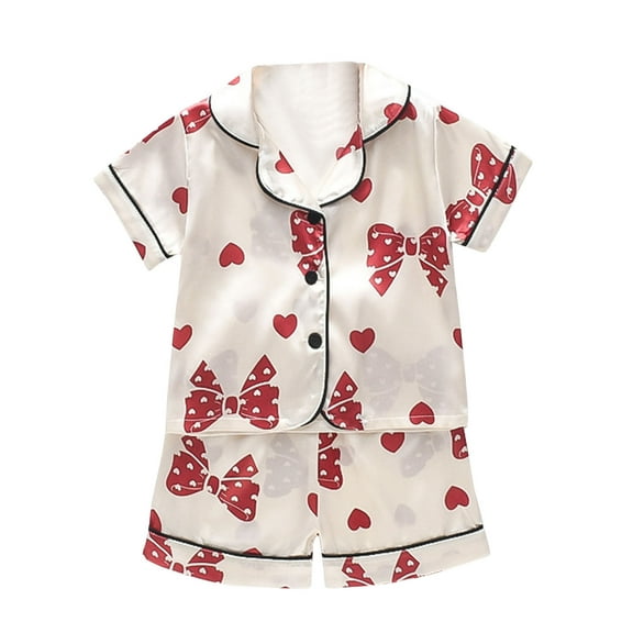 Fengyings Toddler Kids Boys Girls Summer Pajamas Set Cute Printed Button-up Silk Short Sleeve Top   Shorts Sleepwear Nightwear Loungewear Clothes Suit Gifts for Kids