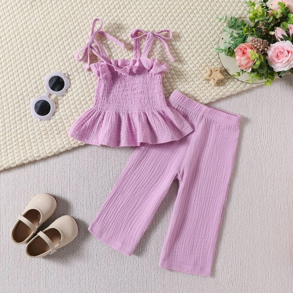Fengyings Toddler Kids Girl's 2 Piece Set Solid Short Sleeve Shirred Blouse Shirt Top+Pants Suit