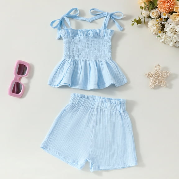 Fengyings Toddler Kids Girl's 2 Piece Set Solid Short Sleeve Shirred Blouse Shirt Top+Shorts Suit