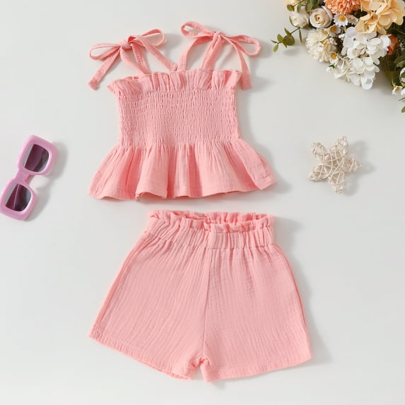 Fengyings Clearance Toddler Kids Girl's 2 Piece Set Solid Short Sleeve Shirred Blouse Shirt Top+Shorts Suit