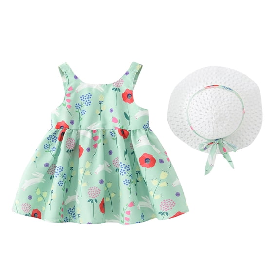 Fengyings Clearance Toddler Kids Girls Summer Cotton Dress Sleeveless Casual Summer Sundress Princess Dress Flower Printed Jumper Skirt with Hat