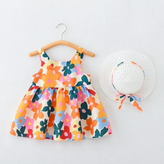 Fengyings Toddler Kids Girls Summer Cotton Dress Sleeveless Casual Summer Sundress Princess Dress Flower Printed Jumper Skirt with Hat