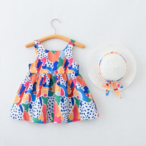 Fengyings Clearance Toddler Kids Girls Summer Cotton Dress Sleeveless Casual Summer Sundress Princess Dress Flower Printed Jumper Skirt with Hat
