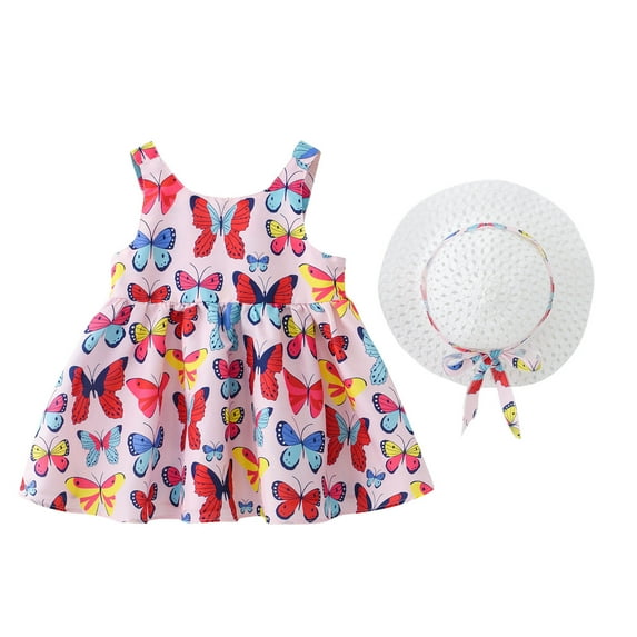 Fengyings Toddler Kids Girls Summer Cotton Dress Sleeveless Casual Summer Sundress Princess Dress Flower Printed Jumper Skirt with Hat