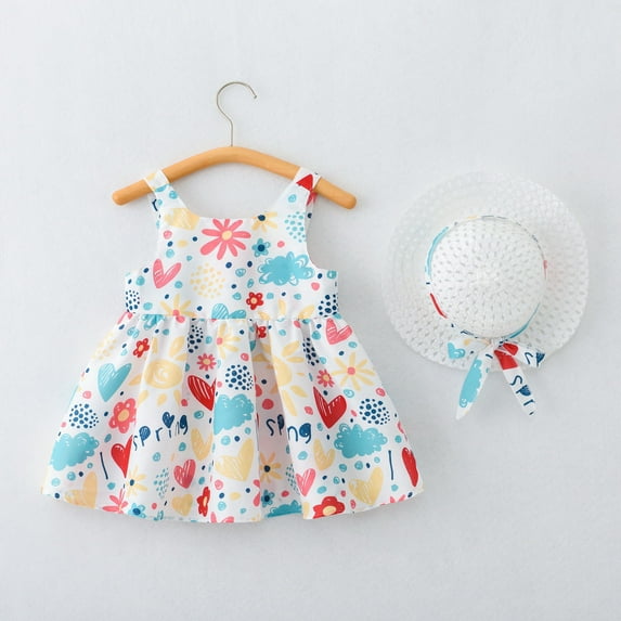 Fengyings Clearance Toddler Kids Girls Summer Cotton Dress Sleeveless Casual Summer Sundress Princess Dress Flower Printed Jumper Skirt with Hat