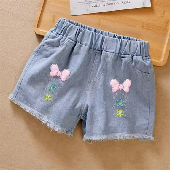 Fengyings Toddler Kids Girls Summer Denim Shorts Elastic Waistband Flower Ripped Solid color Jeans