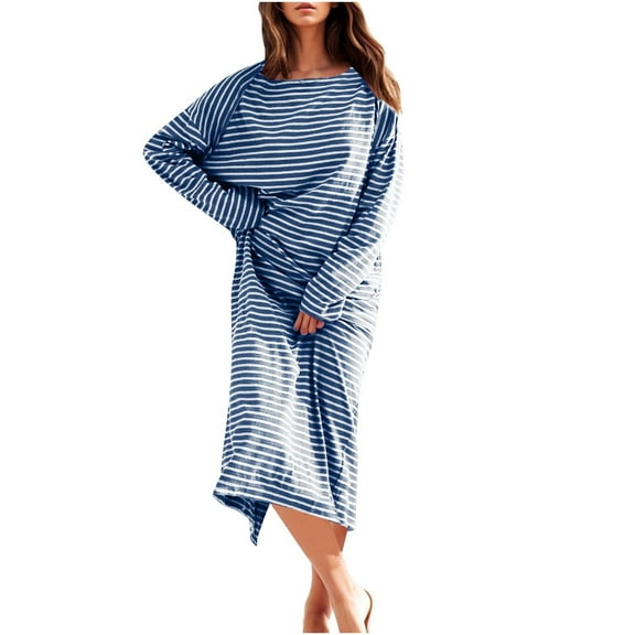 Fengyings Womens Dresses Casual Striped Round Neck Maxi Dress Loose Long Dresses