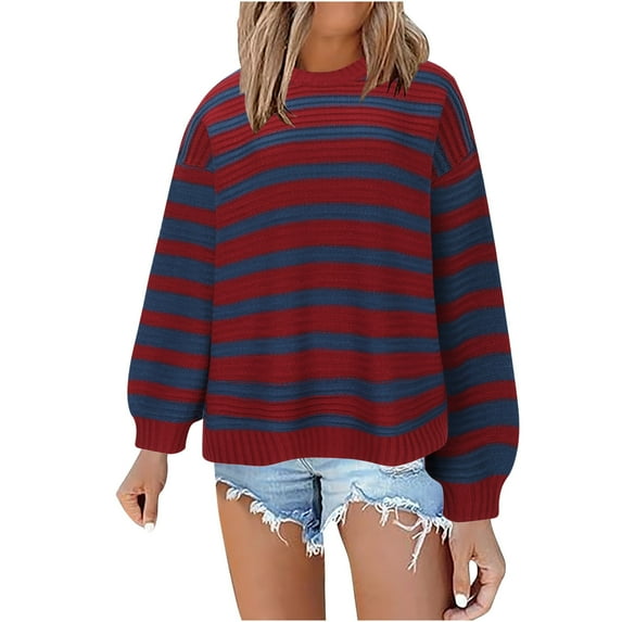 Fengyings Clearance Womens Sweater Striped Pullover Sweater Crew Neck Long Sleeve Knitted Color Block Casual Loose Lightweight Sweaters for Women