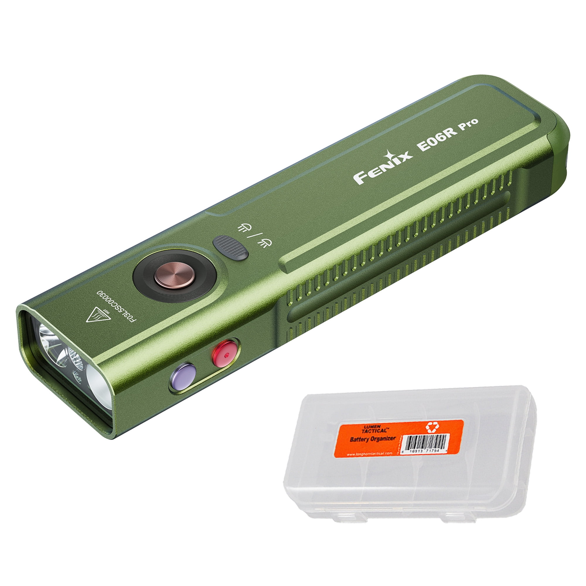 Fenix E06R Pro 1600 Lumen USB-C Rechargeable EDC Flashlight with UV Light and Red Laser (Olive Drab) + LumenTac Organizer