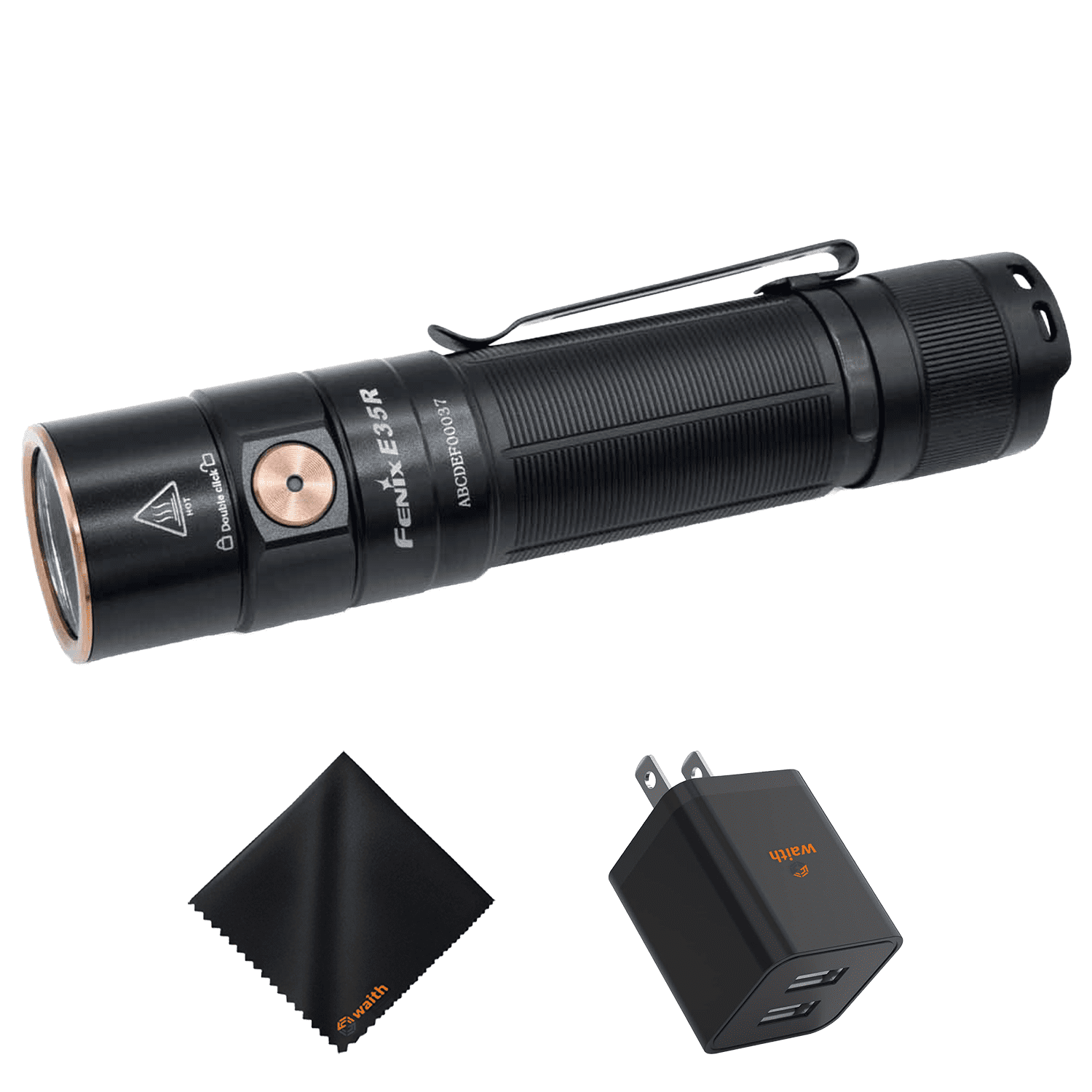 Fenix E35R Magnetic Tail EDC Flashlight - 3100 Lumens EDC & Six Lighting Modes, USB Type-C Rechargeable - Single Side Switch Light with Dual USB Ports 2.4A Wall Charger and Cleaning Cloth -Bundle Kit
