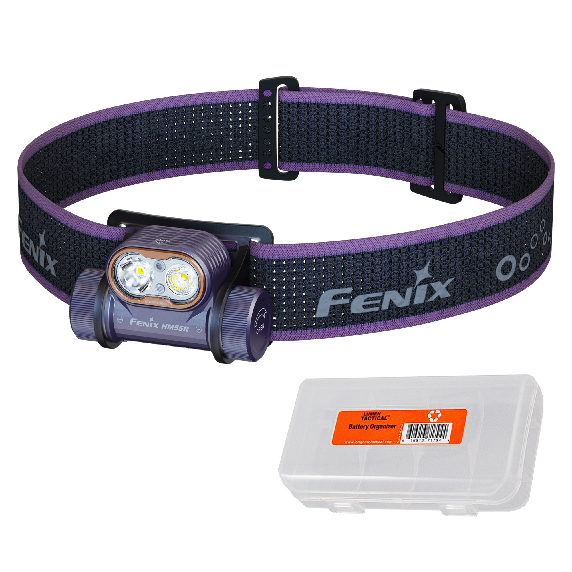 Fenix HM55R 1200 Lumen Lightweight Rechargeable Running Headlamp (Purple) + LumenTac Organizer