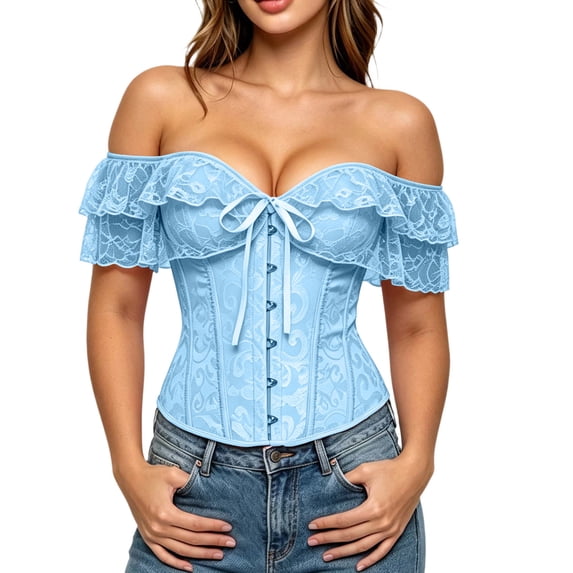 Fenkoxk Women Off Shoulder Ruffle Short Sleeve Corset Top Front Zipper Slim Fit Casual Party Bustier Crop Top