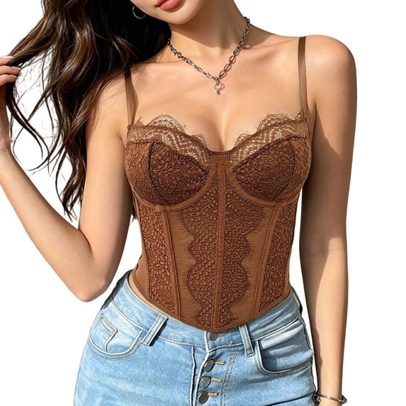 Fenkoxk Women Sheer Lace Mesh Spaghetti Strap Corset Top Sweetheart Neck Boned Slimming Bustier Crop Top