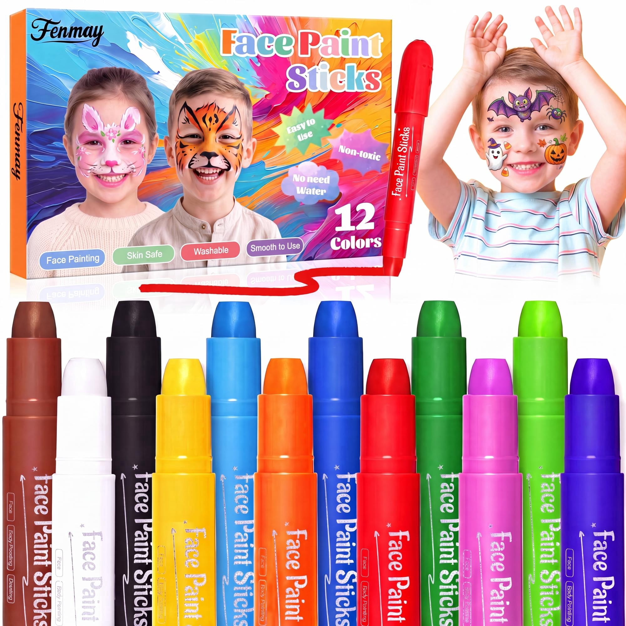 Fenmay Face Painting, 12 Colors XL Washable Face Body Paint Crayons Sticks, Non-Toxic Safe Smooth Makeup Painting Pen, Easy Clean Art Paint for Halloween Party 