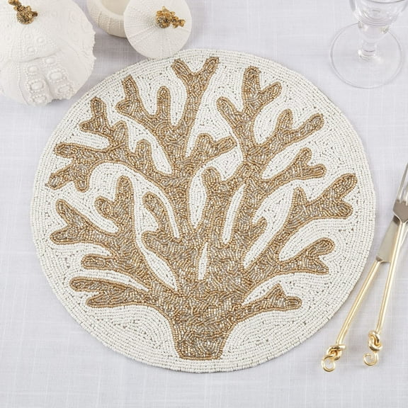 Fennco Style Hand Beaded Coral Reef Coastal Placemat 15" Round, 1-Piece - Gold Sea Life Table Mat for Home Décor, Dining Table, Family Gathering, Banquets, Beach House and Special Occasion