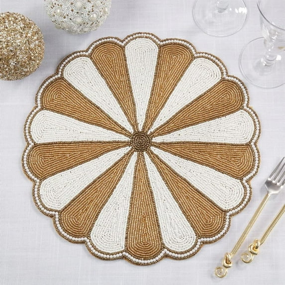 Fennco Style Unique Beaded Pinwheel Holiday Placemat 14" Round, 1-Piece - Gold Sparkly Table Mat for Home Décor, Christmas, Family Gatherings and Special Events