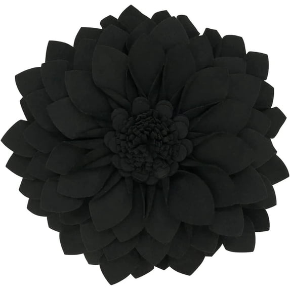 Fennco Styles 3D Petals Flower Filled Decorative Throw Pillow 13" Round - Black Floral Felt Accent Pillow for Couch, Bedroom, Living Room, Office, Holiday Décor, and Housewarming, Birthday Gift