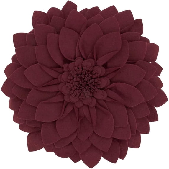 Fennco Styles 3D Petals Flower Filled Decorative Throw Pillow 13" Round - Wine Floral Felt Accent Pillow for Couch, Bedroom, Living Room, Office, Holiday Décor, and Housewarming, Birthday Gift