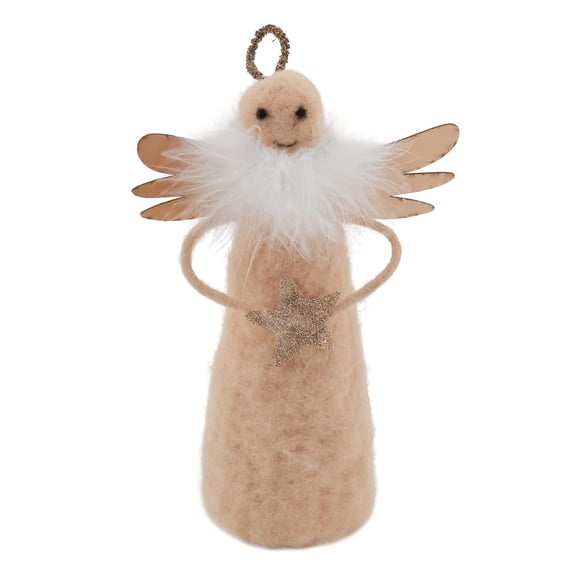 Fennco Styles 4" H Handmade Wool Blend Beige Angel with Star Ornament 1-Piece - Creative Christmas Figurine for Christmas Tree Décor, Holiday, Home, Tabletop and Kids Room Decorations
