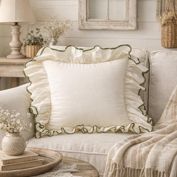 Fennco Styles 5" Ruffled Edge Pure Cotton Decorative Throw Pillow Cover 18" X 18" - White Elegant Vintage Cushion Cover for Sofa, Bed, Couch and French Country Décor