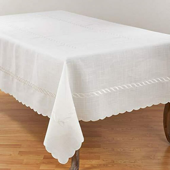 Fennco Styles Abigail Collection Embroidered Braid Pattern Ocean Waves Table Linens (67" x 67" Tablecloth)