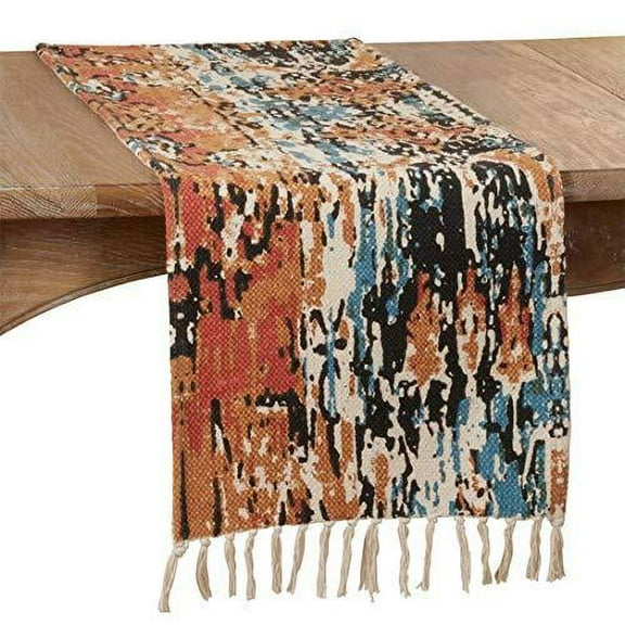 Fennco Styles Abstract Distressed Pure Cotton Fringed Table Runner 16 x 72 Inch