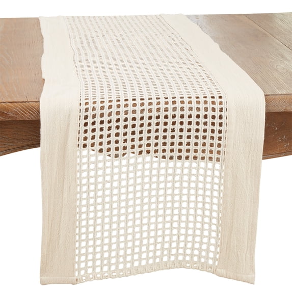 Fennco Styles Airy Net Design Cotton Table Runner 16" W x 72" L - Ivory Hollow Pattern Table Cover for Dining Room, Banquets, Family Gatherings, and Holidays