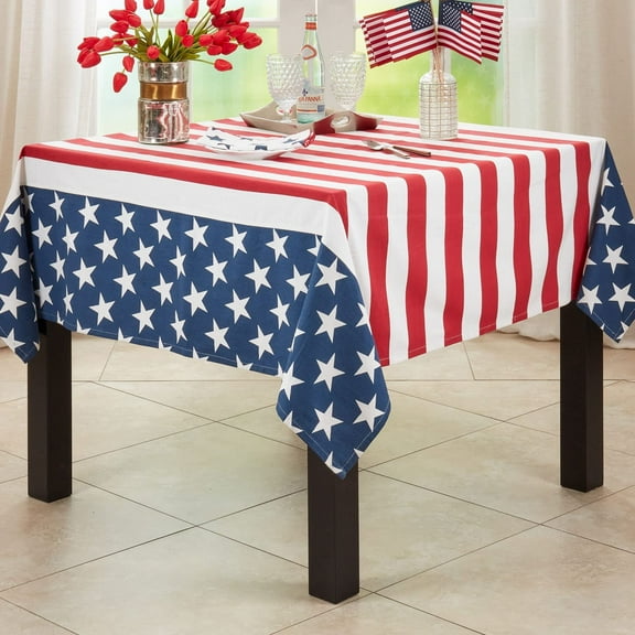 Fennco Styles American Flag Design Cotton Tablecloth 65" W x 180" L - Multicolored Stripe Star Table Cover for Home Décor, Dinner Parties, National Holidays