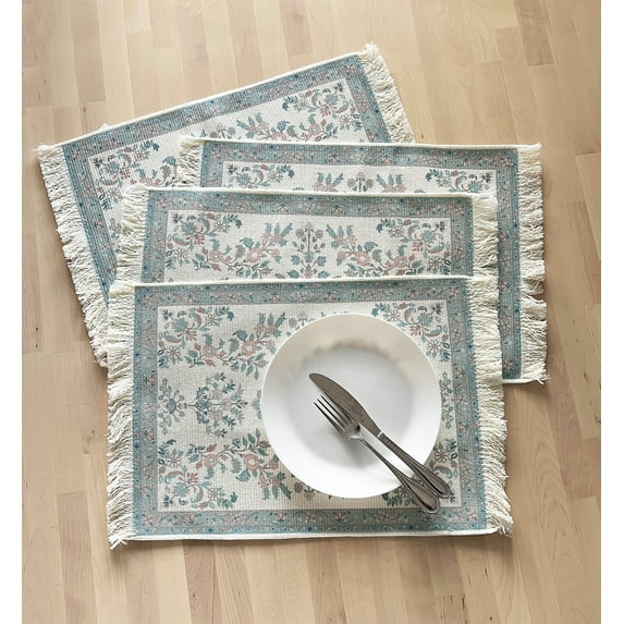 Fennco Styles Antique Turkish Printed with Fringe Placemats 14" W x 19" L, Set of 4 - Blue Oriental Woven Table Mats for Dining Room, Banquets, Family Gatherings, and Holidays