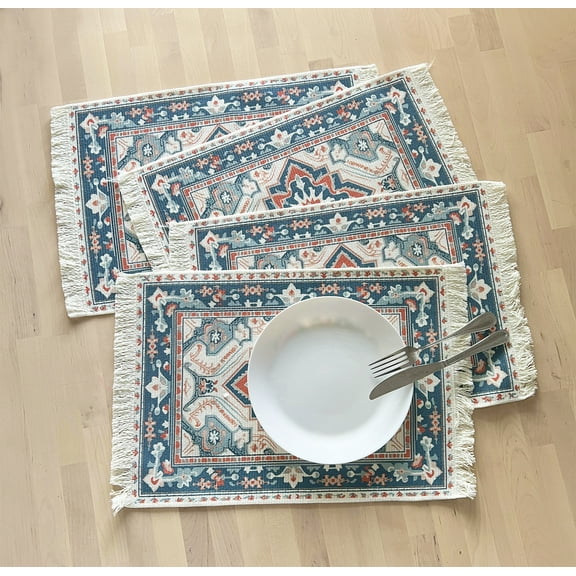 Fennco Styles Antique Turkish Printed with Fringe Placemats 14" W x 19" L, Set of 4 - Navy Blue Oriental Woven Table Mats for Dining Room, Banquets, Family Gatherings, and Holidays