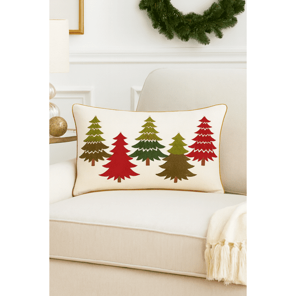 Fennco Styles Arbres Collection Farmhouse Embroidered Christmas 100% Cotton Decorative Throw Pillow - Multicolored Accent Pillow for Home, Couch, Living Room, Bedroom and Holiday Décor