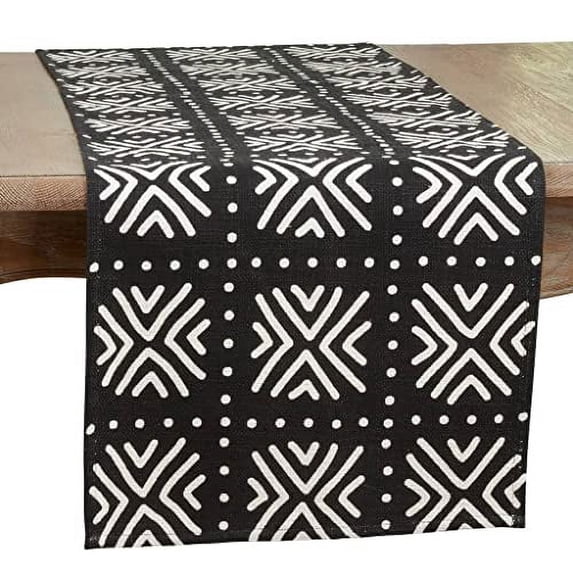 Fennco Styles Arrow Mud Cloth Design Cotton Table Runner 16" W x 72" L - Black Tribal Printed Table Cover for Home Décor, Everyday Use, Banquets and Special Occasions
