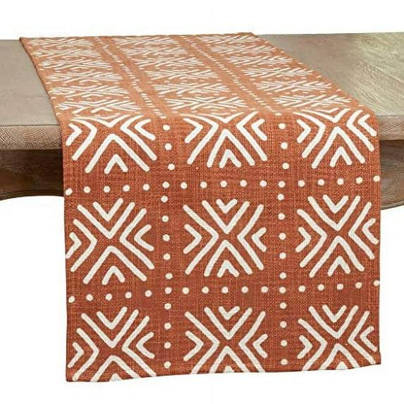 Fennco Styles Arrow Mud Cloth Design Cotton Table Runner 16" W x 72" L - Terracotta Tribal Printed Table Cover for Home Décor, Everyday Use, Banquets and Special Occasions