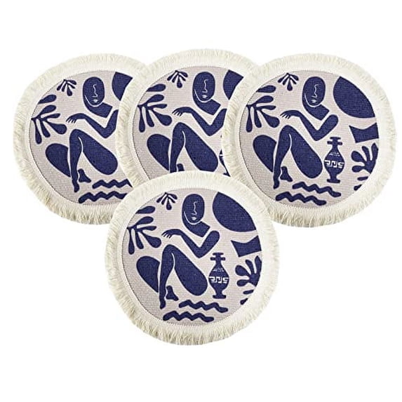 Fennco Styles Art Design Abstract Print Fringe Cotton Placemats 13" Round, Set of 4 - Cream & Navy Woven Table Mats for Home Décor, Dining Table, Banquets and Special Events
