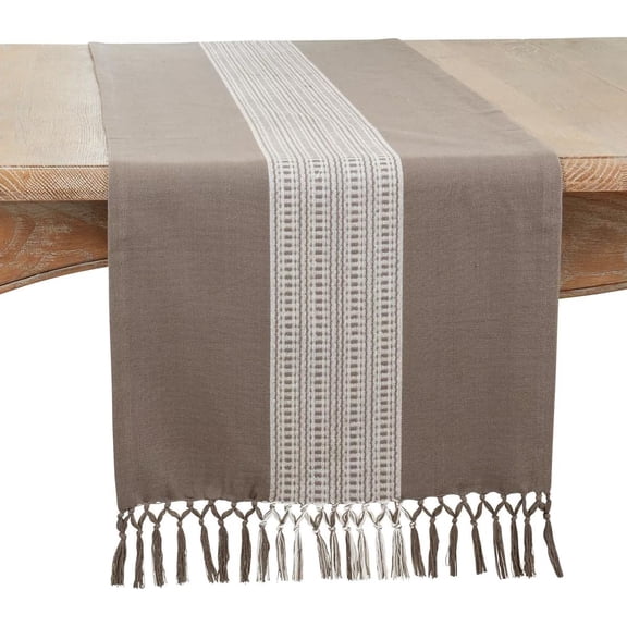 Fennco Styles Banded Stripe Fringe Cotton Table Runner 16" W x 72" L - Grey Woven Table Cover for Home, Dining Table Décor, Banquets and Special Occasions