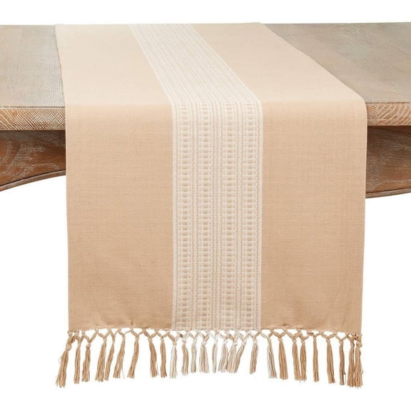 Fennco Styles Banded Stripe Fringe Cotton Table Runner 16" W x 72" L - Khaki Woven Table Cover for Home, Dining Table Décor, Banquets and Special Occasions