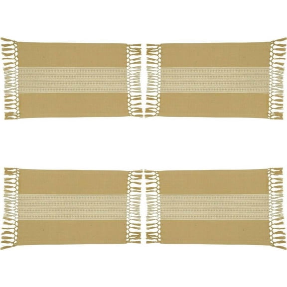 Fennco Styles Banded Stripe Fringe Placemats 14" W x 20" L, Set of 4 - Khaki Cotton Woven Table Mats for Home, Dining Table Décor, Banquets and Special Occasions