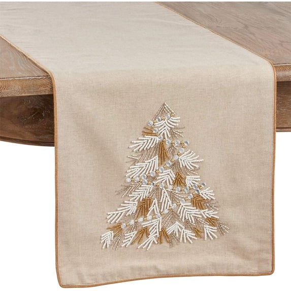 Fennco Styles Beaded Christmas Tree 100% Cotton Table Runner 16 x 72 Inch - Natural Table Cover