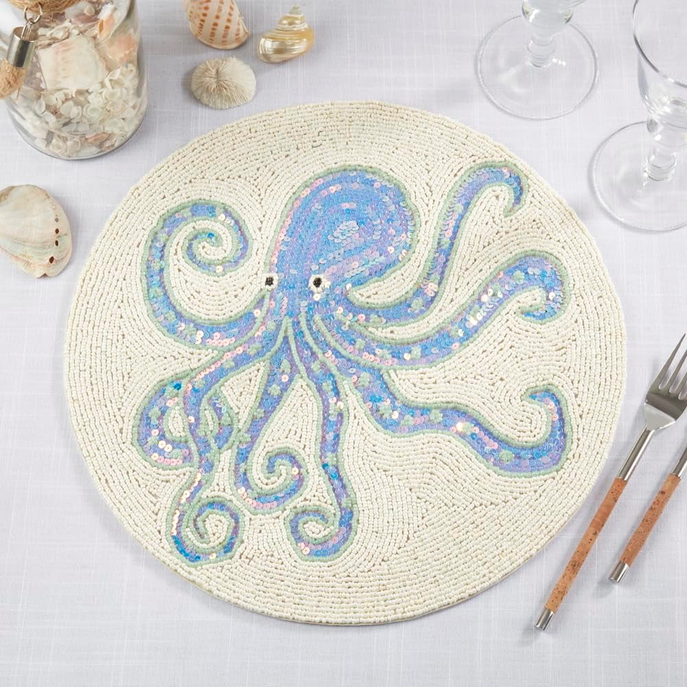 Fennco Styles Beaded Nautical Octopus Placemat 15" Round, 1-Piece - Aqua Handmade Coastal Table Mat for Home Décor, Family Gatherings, Birthdays and Special Events