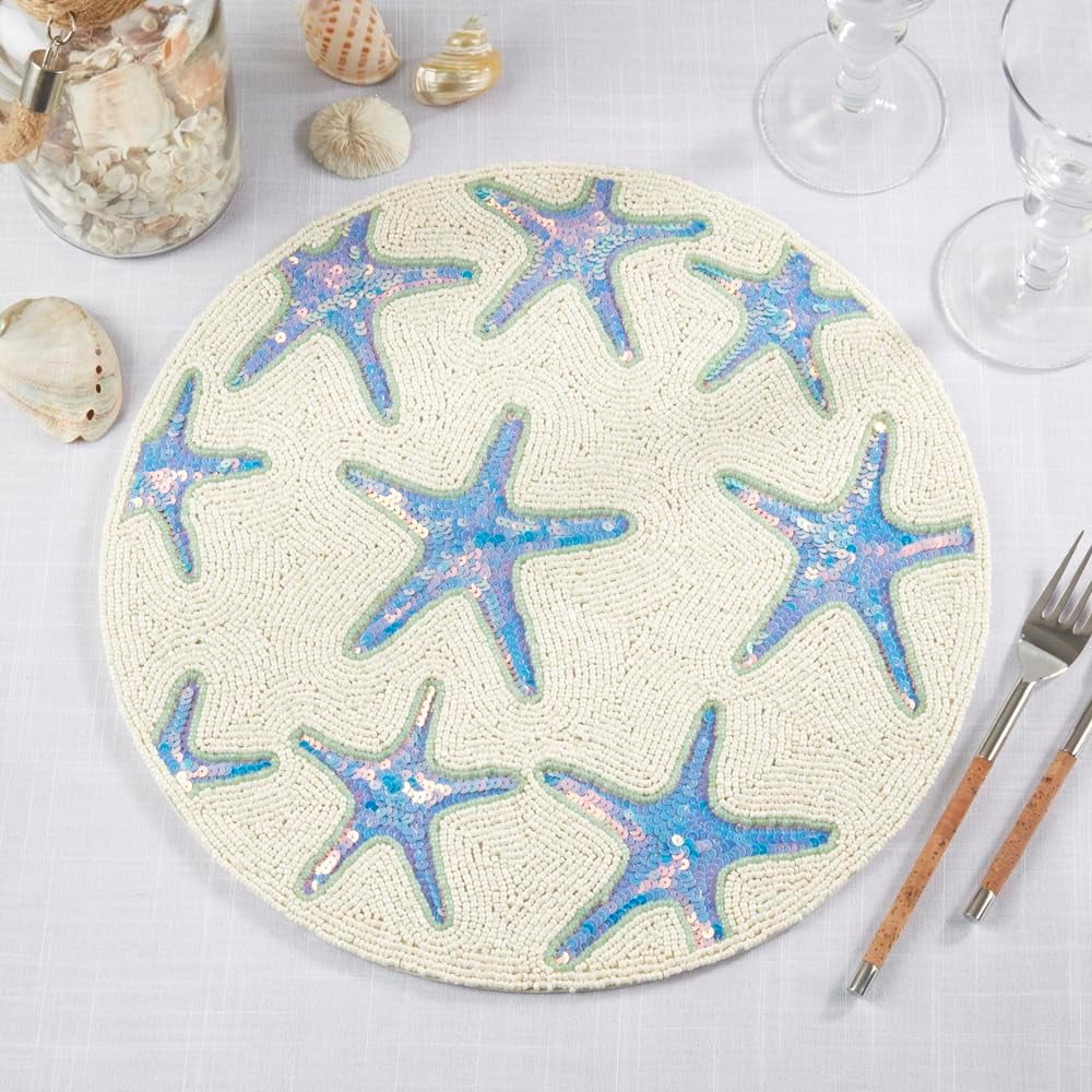Fennco Styles Beaded Nautical Starfish Placemat 15" Round, 1-Piece - Aqua Handmade Coastal Table Mat for Home Décor, Family Gatherings, Birthdays and Special Events