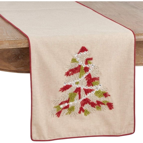 Fennco Styles Beaded Red Christmas Tree 100% Cotton Table Runner 16 x 72 Inch - Elegant Table Cover for Holiday Décor, Everyday Use, Banquets and Special Events