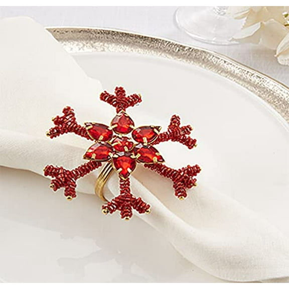Fennco Styles Beaded Snowflake Holiday Napkin Rings, Set of 4 - Red Jeweled Napkin Holders for Home Décor, Christmas, Banquets, Weddings and Special Occasions