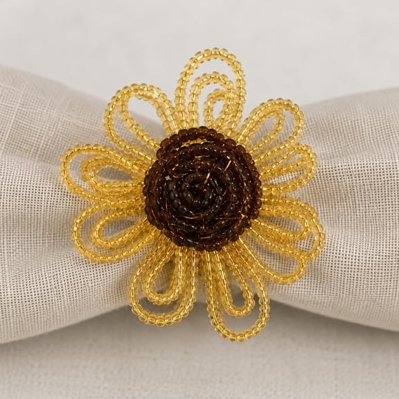 Fennco Styles Beaded Sunflower Napkin Rings, Set of 4 - Handmade Gold Floral Napkin Holders for Fall Dining Dcor, Thanksgiving, Harvest Parties & Everyday Entertaining