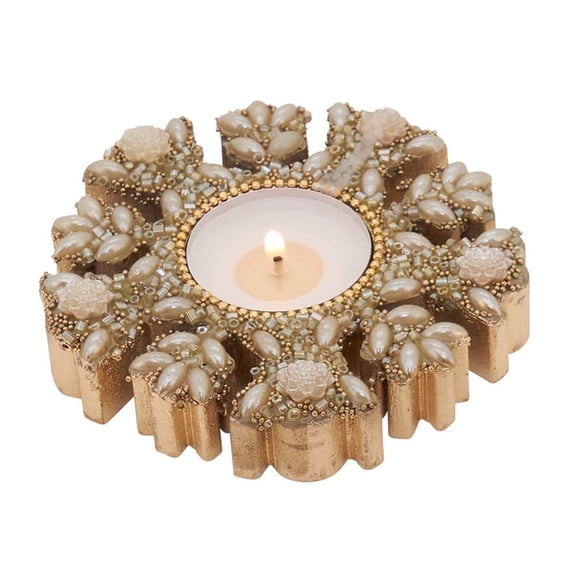 Fennco Styles Beaded Wooden Snowflake 4" W Gold Candle Holder – Glass Beads Tealight Holder for Thanksgiving, Christmas Dinner, Family Gathering, Special Event & Home Décor