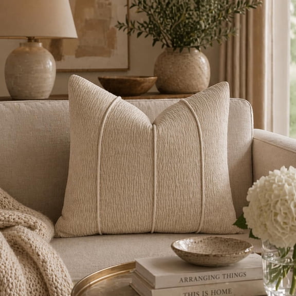 Fennco Styles Beige Chenille Textured Corded Ribbed Decorative Throw Pillow Cover 18" x 1"8, 1-Pack