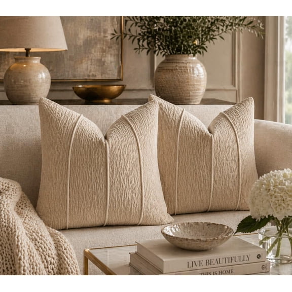 Fennco Styles Beige Chenille Textured Corded Ribbed Decorative Throw Pillow Cover 18" x 18", 2-Pack